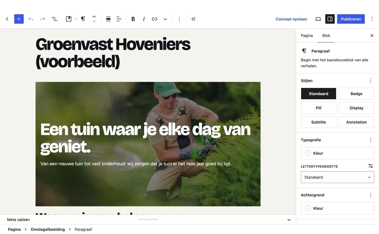 Een pagina bewerken in de WordPress-blokeditor, met een tekstblok geselecteerd en de blokinstellingen rechts