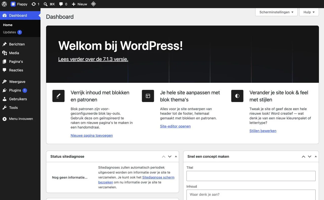 Het dashboard van WordPress na het inloggen