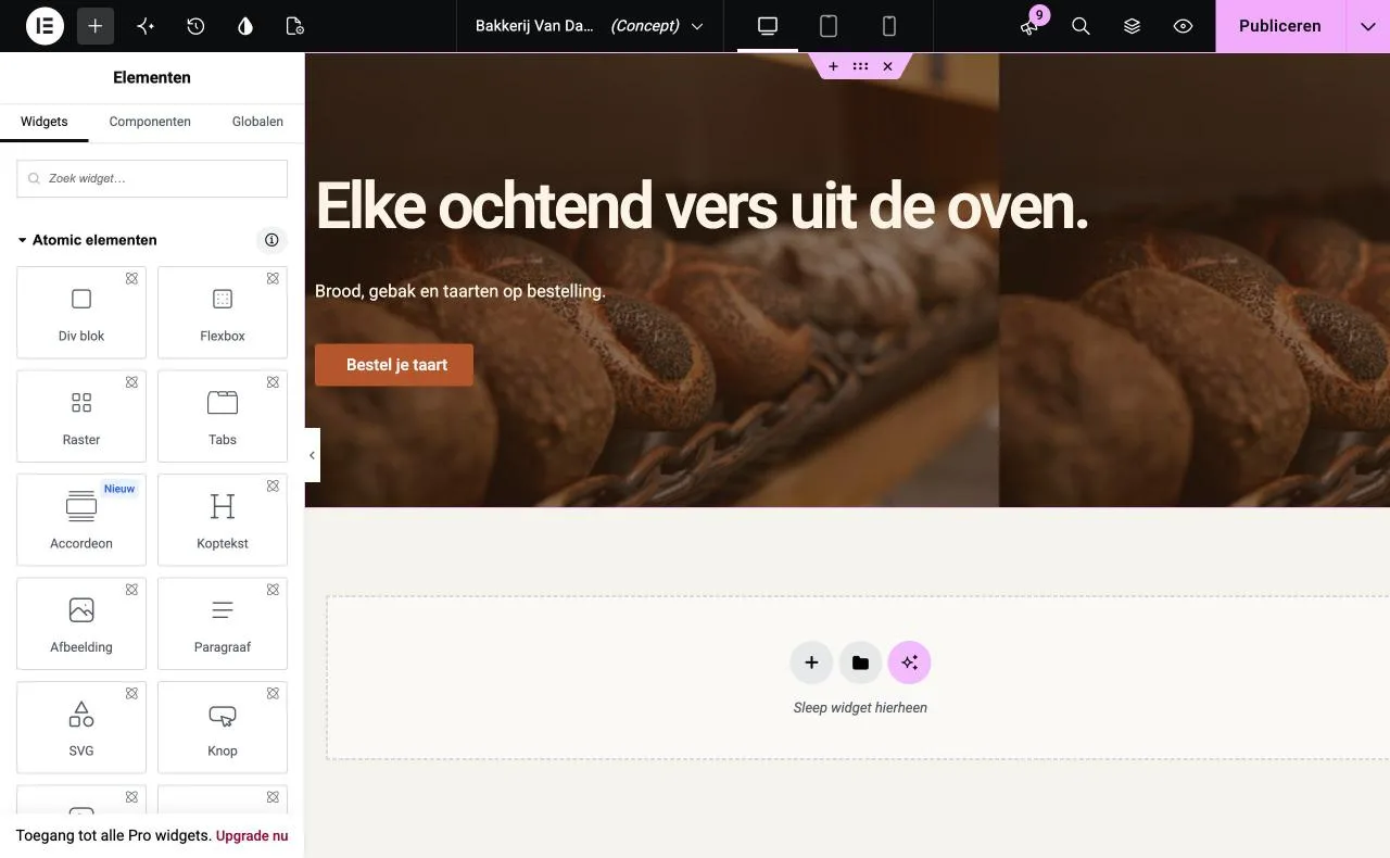 Een pagina bewerken in Elementor, met de widgets links en de pagina rechts