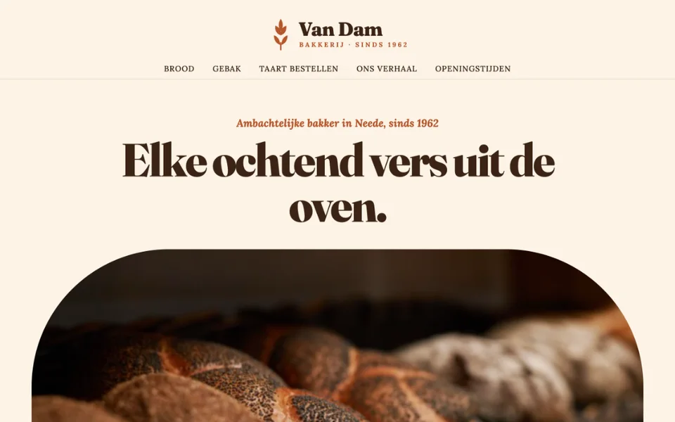 Voorbeeldhomepage van Bakkerij Van Dam (fictief bedrijf)