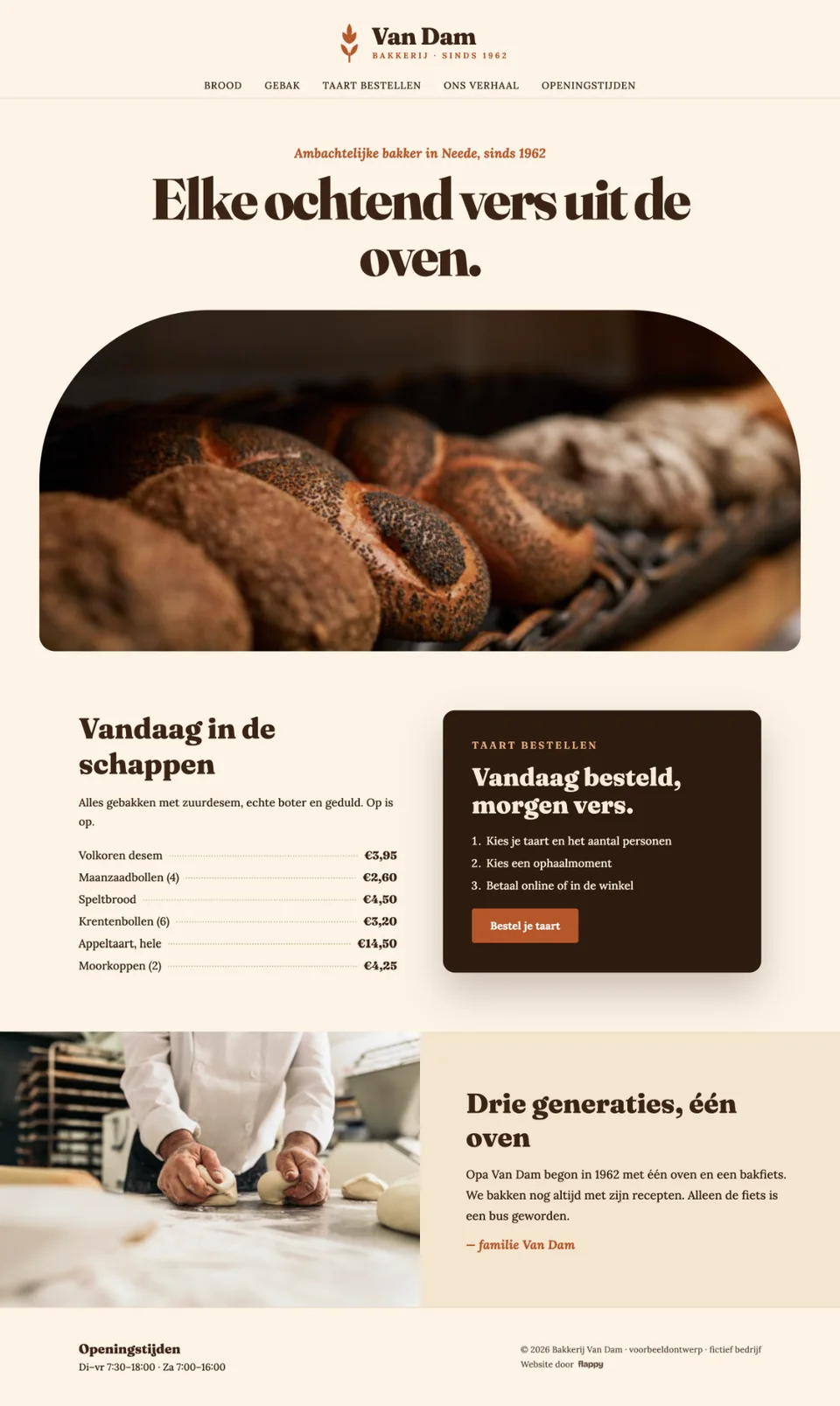 Voorbeeldhomepage van Bakkerij Van Dam (fictief bedrijf)