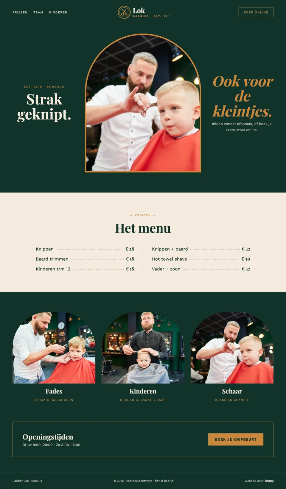 Voorbeeldhomepage van Barbier Lok (fictief bedrijf)