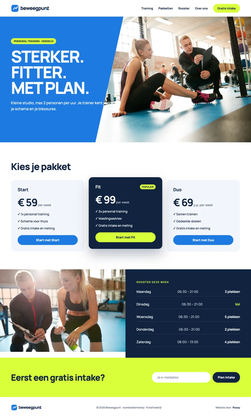Voorbeeldhomepage van Beweegpunt (fictief bedrijf)