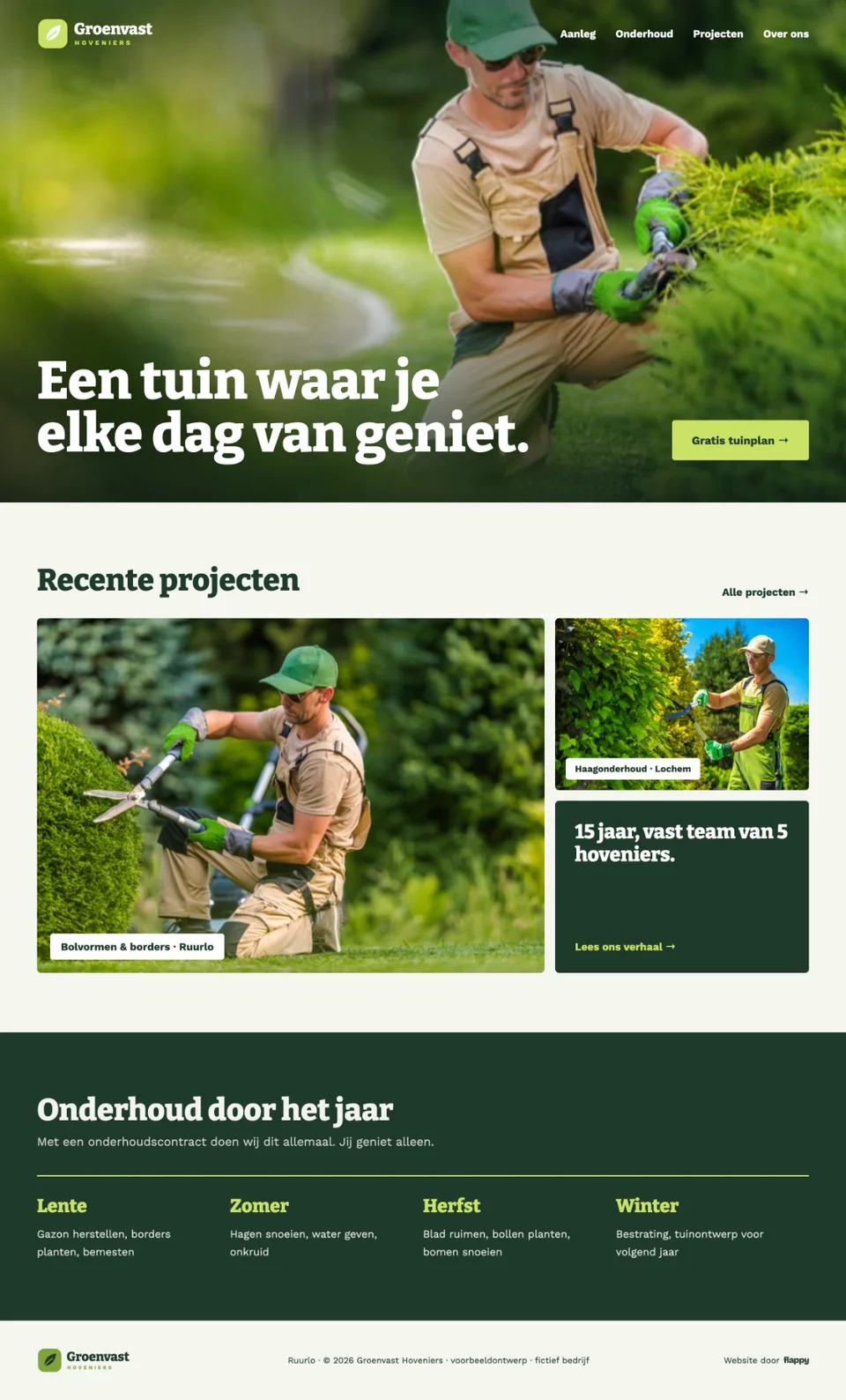 Voorbeeldhomepage van Groenvast Hoveniers (fictief bedrijf)