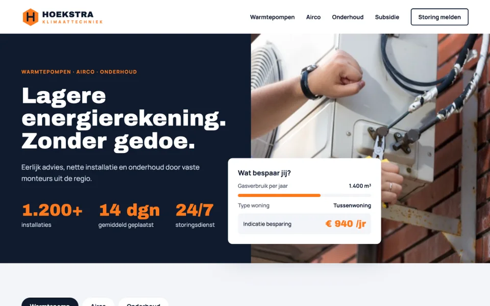 Voorbeeldhomepage van Hoekstra Klimaat (fictief bedrijf)