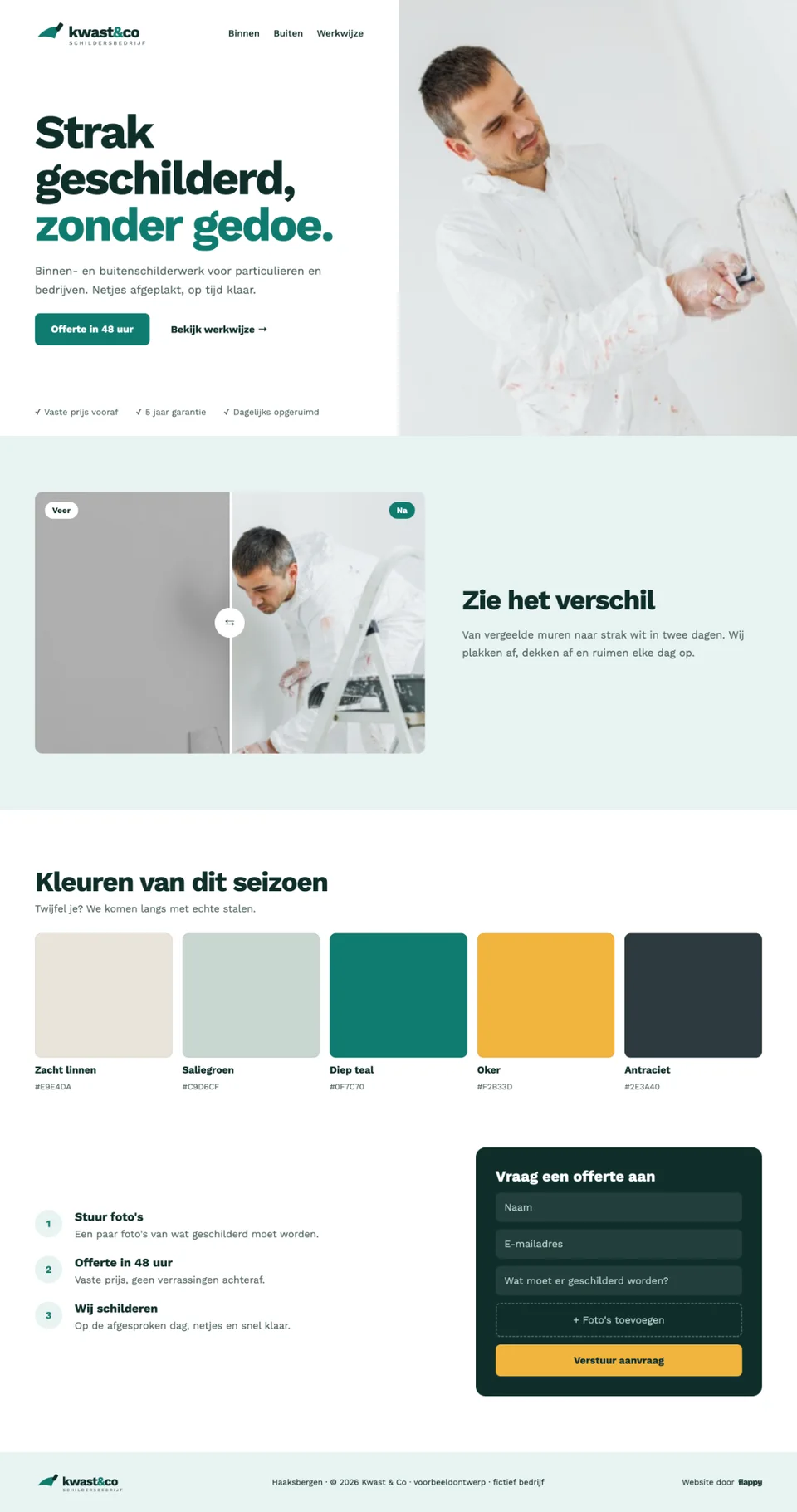 Voorbeeldhomepage van Kwast & Co (fictief bedrijf)